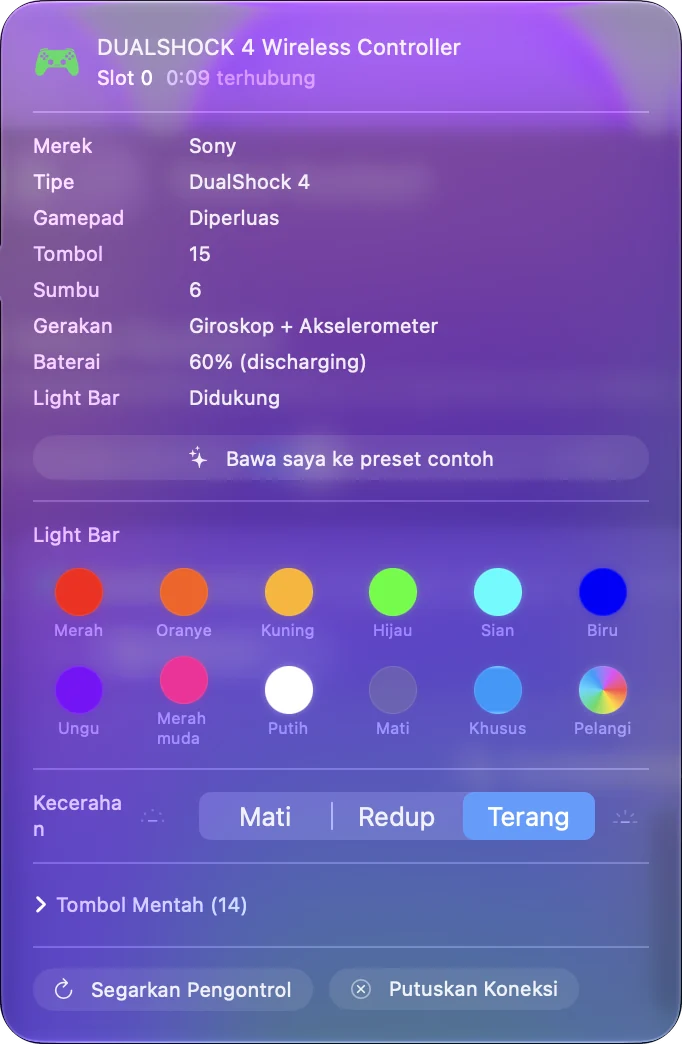 Popover controller InputConfig untuk DualShock 4 dengan level baterai dan warna light bar.
