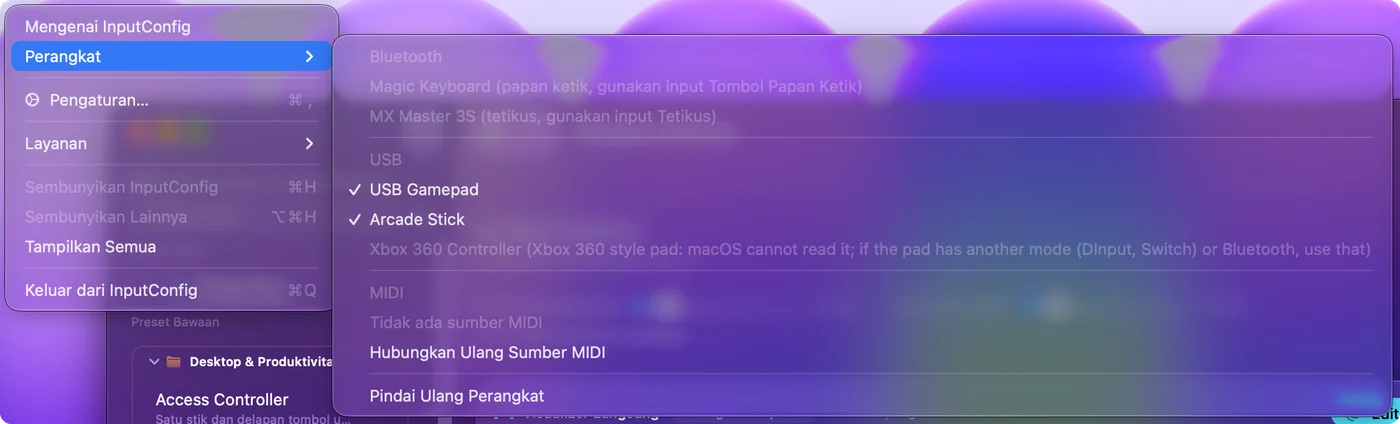 Menu Devices InputConfig yang mencantumkan perangkat Bluetooth dan USB, dengan tanda centang pada yang dibaca InputConfig dan satu entri abu-abu.