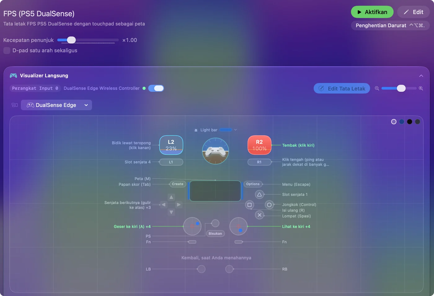 Live Visualizer InputConfig menampilkan DualSense Edge dengan tata letak FPS: pemicu, tombol muka, touchpad dan stik berlabel tombol keyboardnya