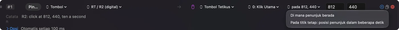 Menu klik di samping output Mouse Button yang terbuka, dengan Where the pointer is dan At a fixed point: use the pointer's position now.