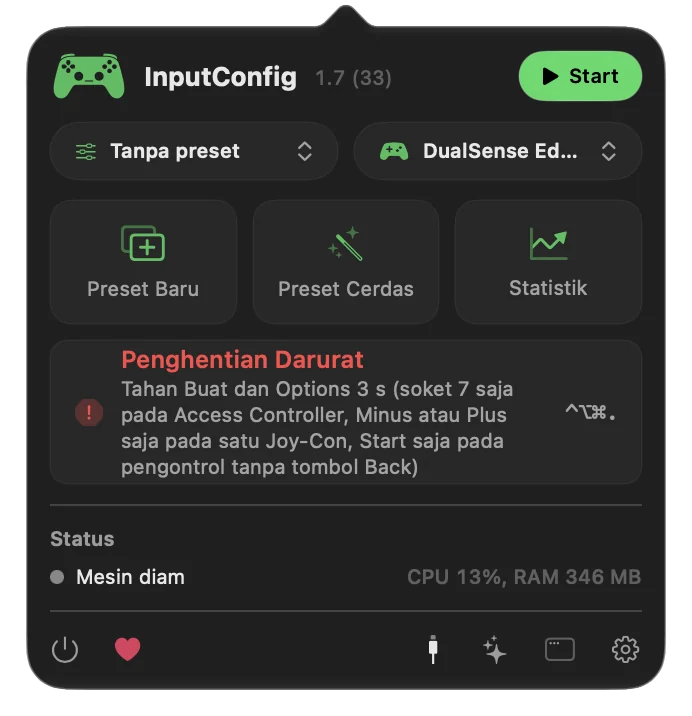 Jendela menu bar InputConfig dengan tombol merah Emergency Stop, tahanan pengontrol tercantum di bawahnya dan pintasan keyboard di sebelah kanan.