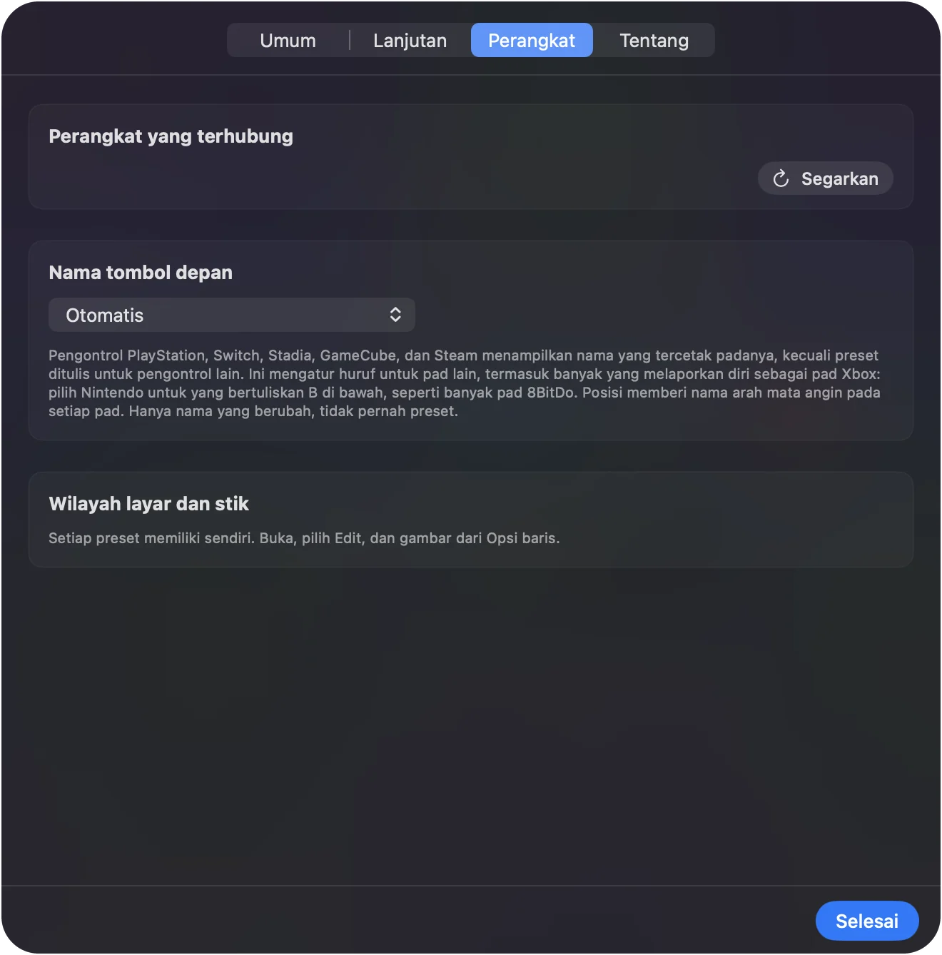 Daftar perangkat yang tersambung di pengaturan InputConfig.