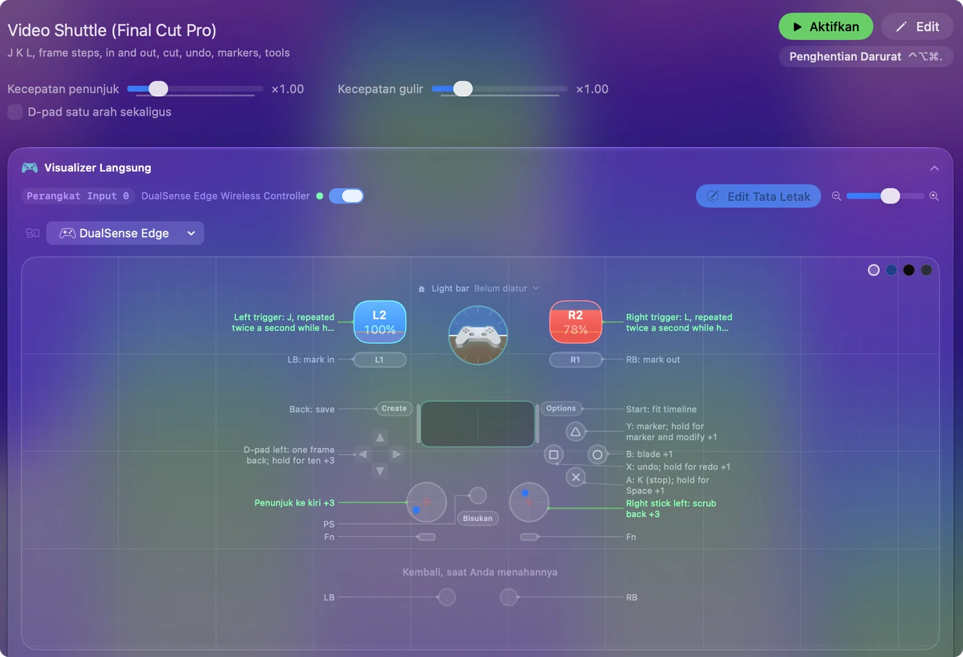 Preset Video Shuttle Final Cut Pro di Live Visualizer, dengan J dan L pada pemicu, tandai masuk dan keluar pada bumper, blade, urungkan dan penanda pada tombol muka.