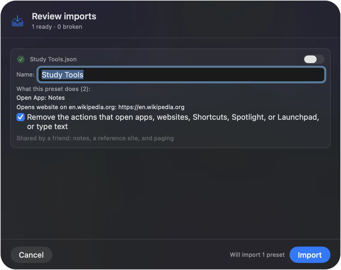 The import sheet in InputConfig listing a shared preset's actions that open apps or websites, with the choice to remove them before the preset is added.