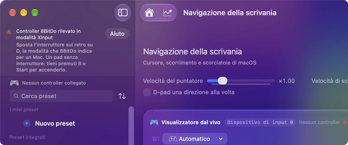 La finestra principale di InputConfig con una nota che dice che è stato rilevato un controller 8BitDo in modalità X, e la modalità da usare per quel modello.