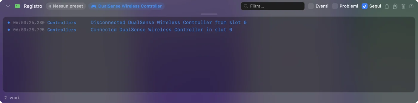 Il registro attività di InputConfig in fondo alla finestra principale, con un controller che si disconnette e si riconnette.