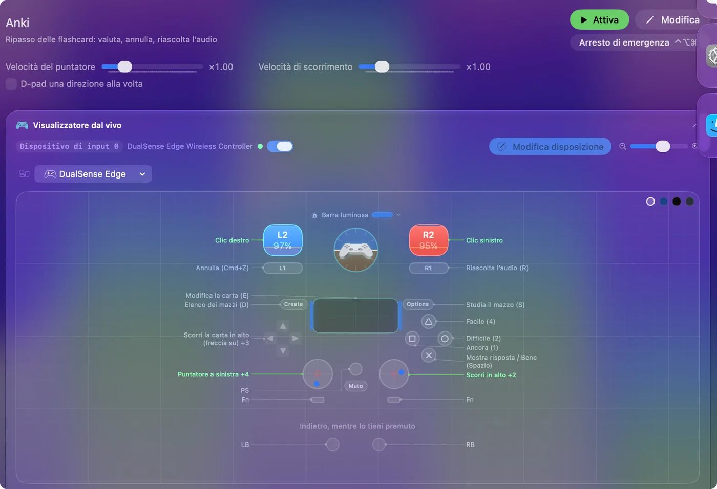 Il preset Anki integrato in InputConfig, con la legenda del Live Visualizer che indica Again, Hard, Good ed Easy sui quattro pulsanti frontali.