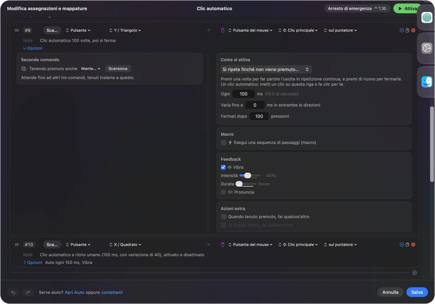 Le Opzioni di una riga di clic in InputConfig con How it fires impostato su Repeats until pressed again, Every a 100 ms con 10.0 al secondo accanto, Vary by up to 0 e Stop after a 100 pressioni.