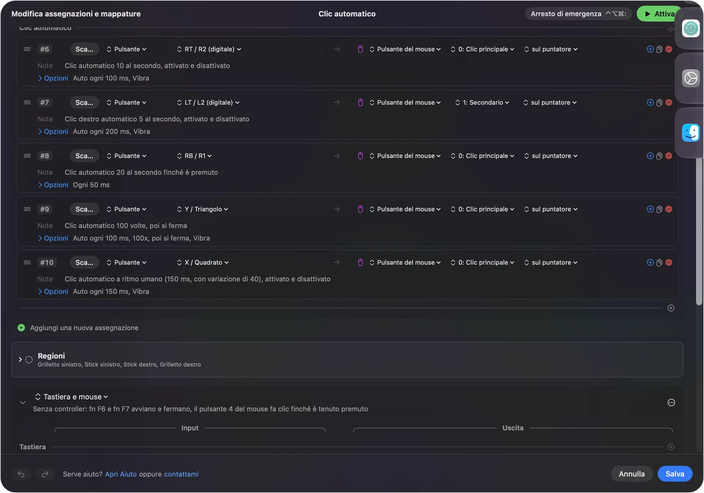 Righe del preset Auto Clicker integrato di InputConfig: pulsanti del controller che inviano Main Click o Secondary al puntatore, con note come Auto click 10 a second, Auto click 100 times then stop e un ritmo umano di 150 ms più o meno 40.