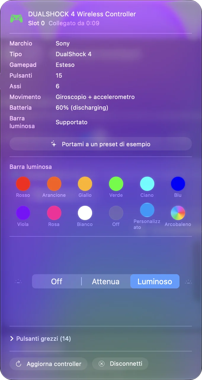 Il popover del controller di InputConfig per un DualShock 4 con il livello della batteria e il colore della barra luminosa.