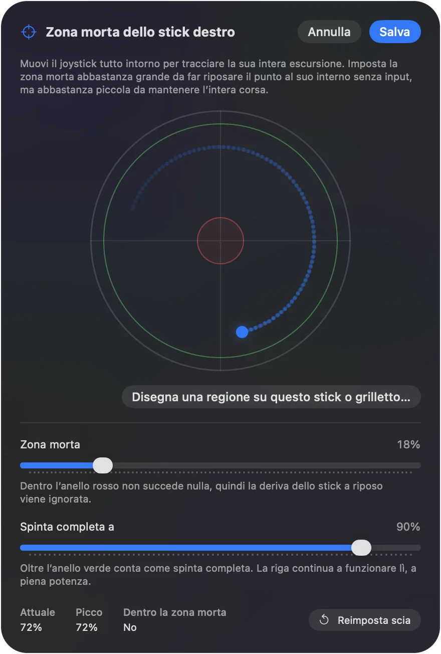 Calibratore della zona morta con Deadzone ampia e Full push at impostato corto.