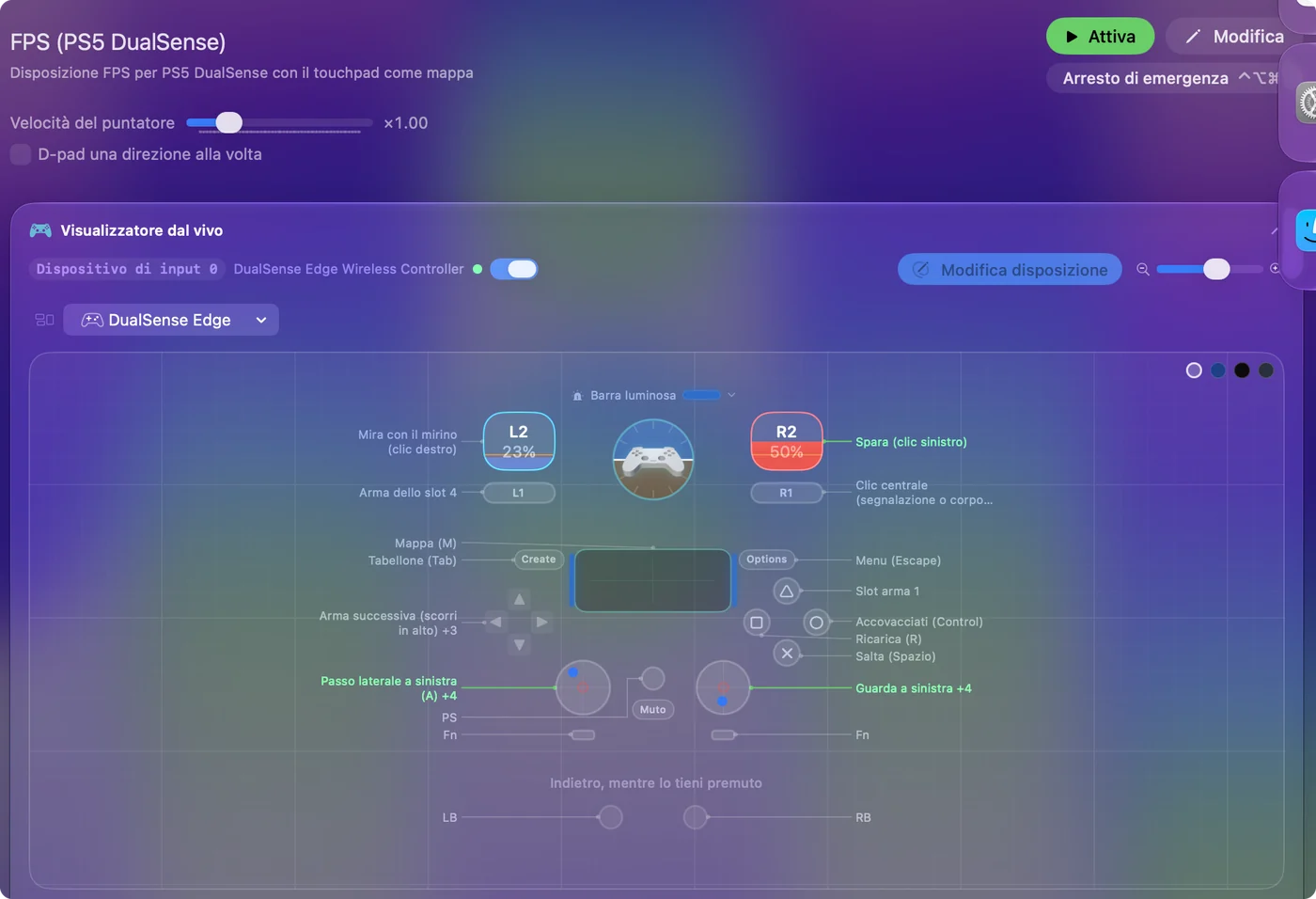 Il Live Visualizer di InputConfig con un DualSense Edge e un layout FPS: trigger, pulsanti frontali, touchpad e stick con l'indicazione dei tasti associati