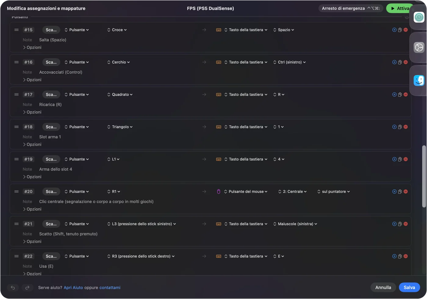 Una riga nell'editor di InputConfig legata al pulsante Croce, con l'uscita Keyboard Key scelta e il tasto Spazio selezionato.