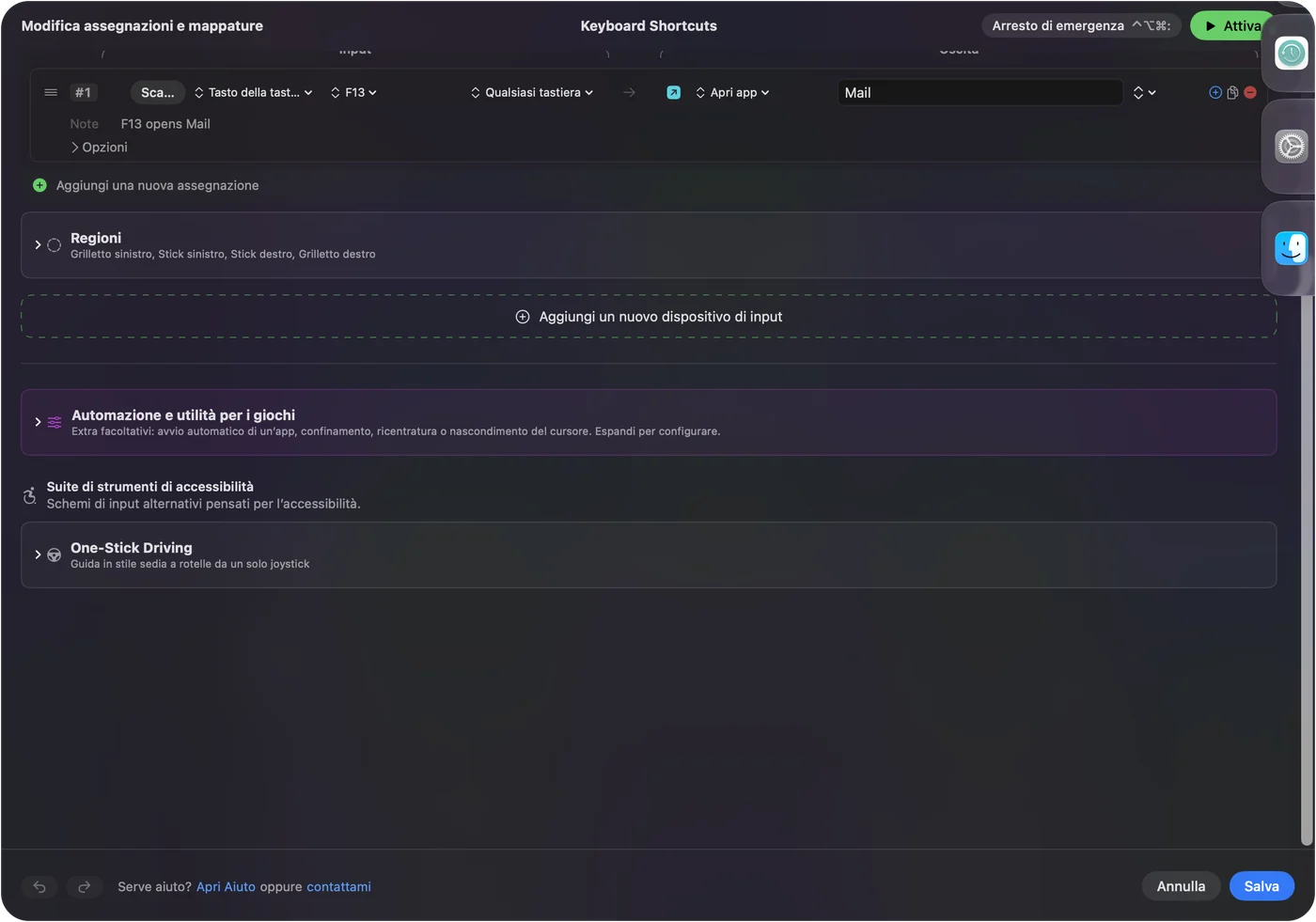 Una riga di InputConfig dove F13 apre un'app.
