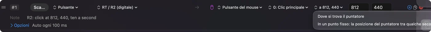 Il menu accanto a un'uscita di clic nell'editor di InputConfig, aperto su posizione del puntatore e su un punto fisso alla posizione attuale del puntatore.