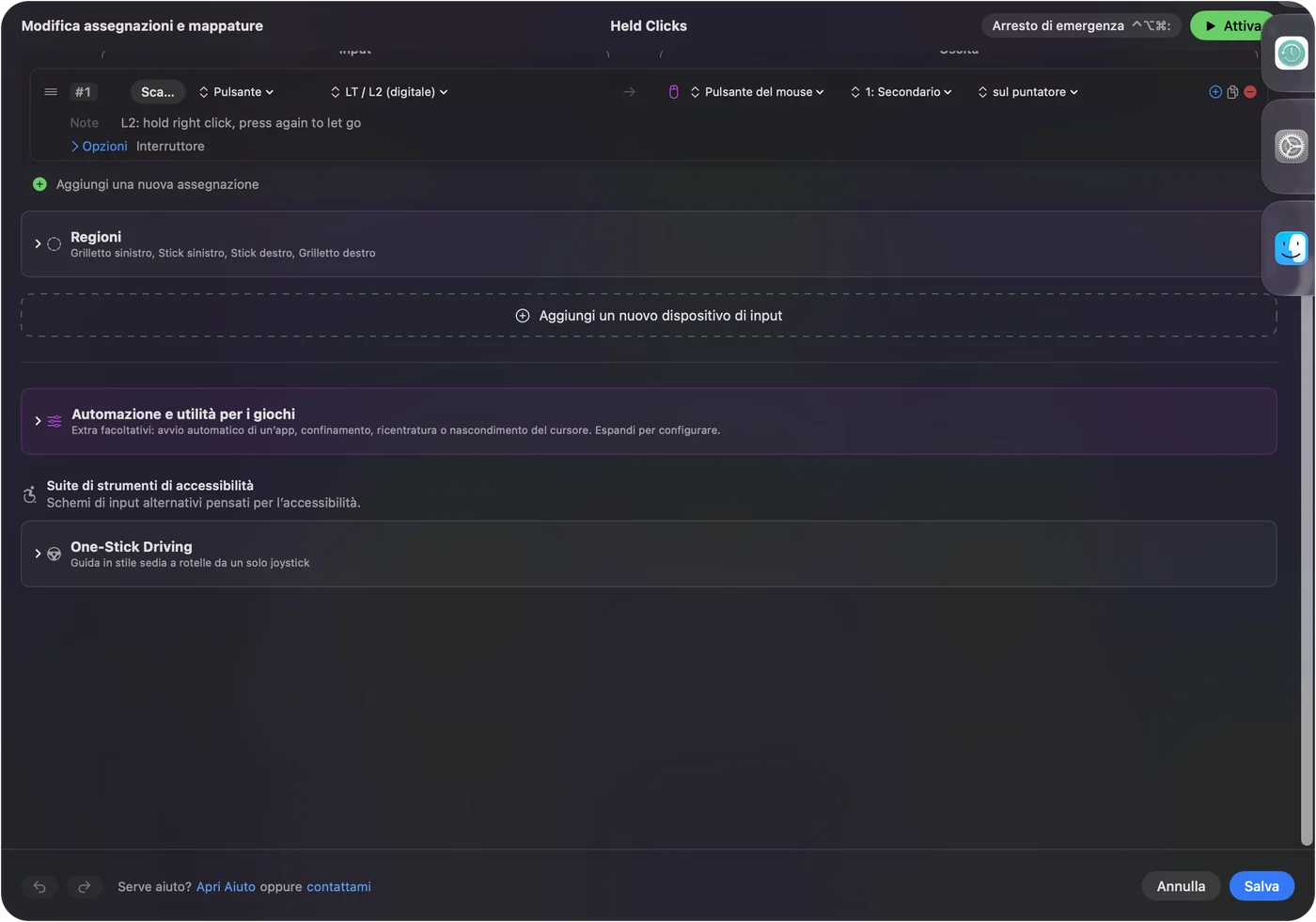 Una riga di InputConfig su LT / L2 che invia Mouse Button 1: Secondary, con la nota hold right click, press again to let go, e Options impostato su Toggle.