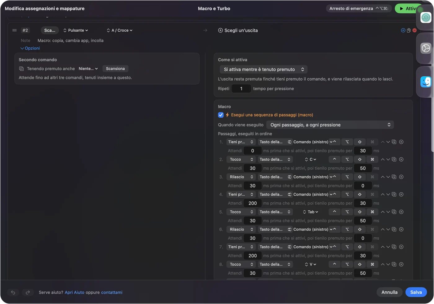 L'editor delle macro di InputConfig con Esegui una sequenza di passi spuntato e passi numerati che tengono premuto Command, toccano una lettera, rilasciano Command e attendono tra un passo e l'altro.