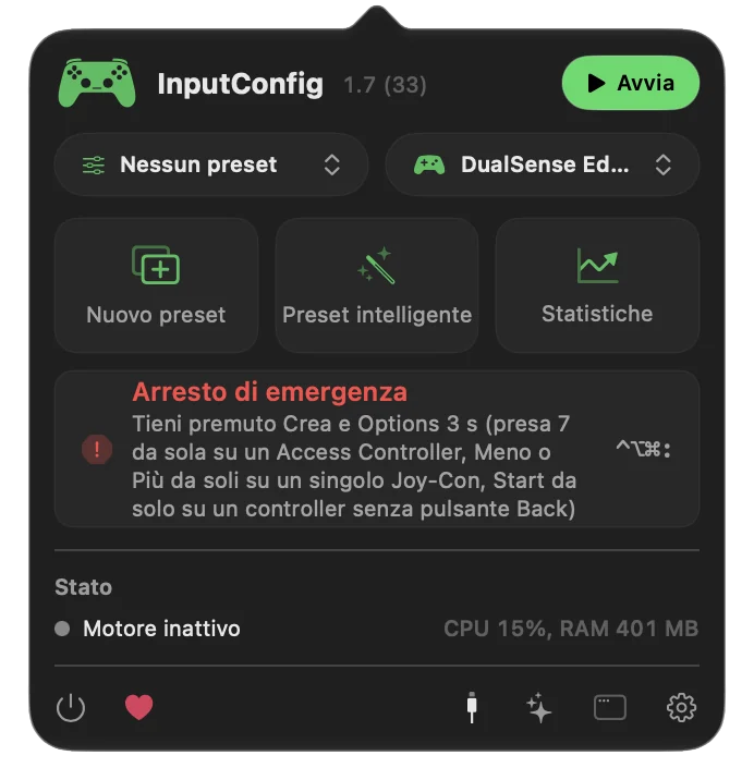 La finestra di InputConfig nella barra dei menu con il pulsante rosso Arresto d'emergenza, la pressione sul controller elencata sotto e la combinazione di tasti a destra.
