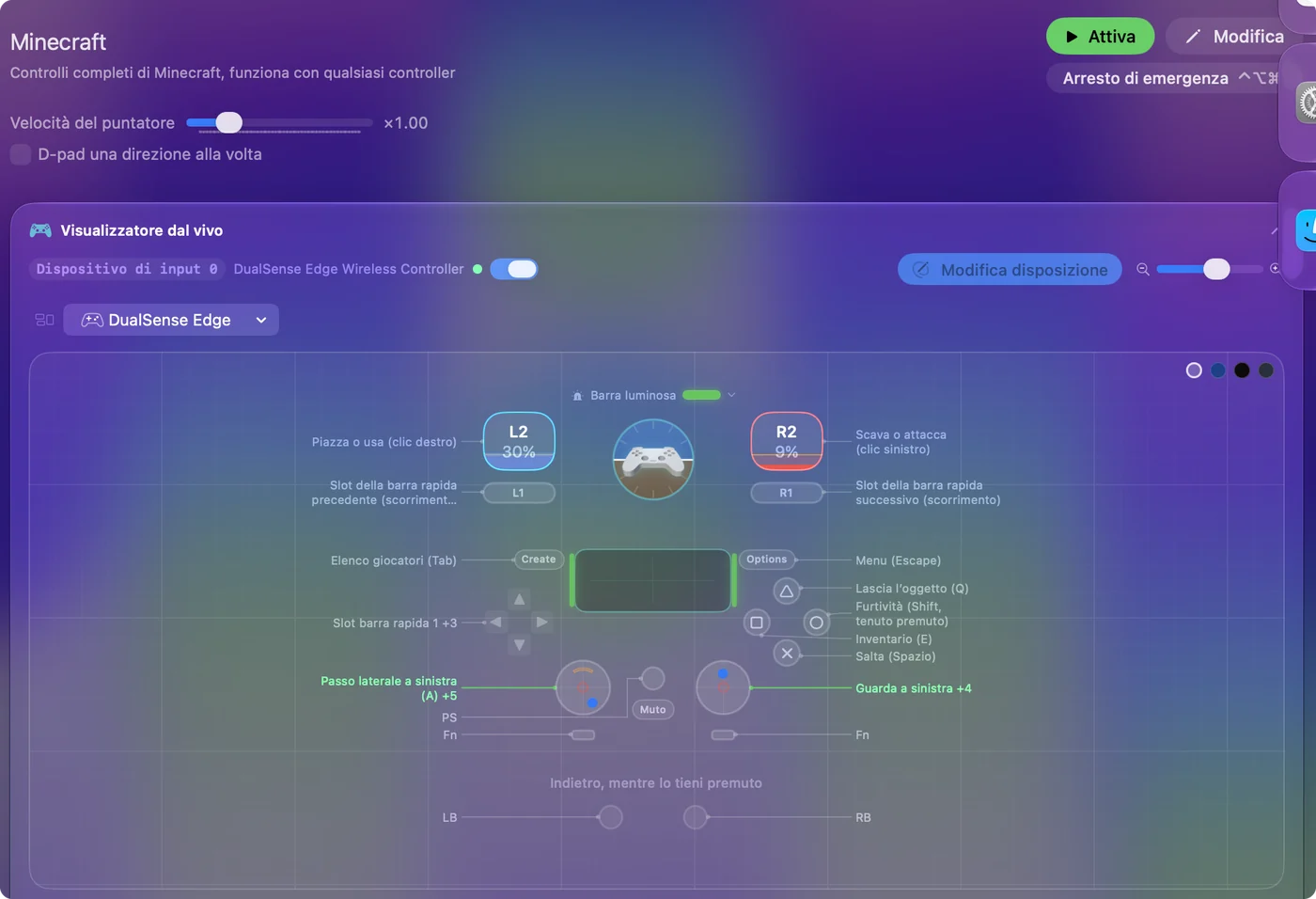 Il preset Minecraft integrato nel Live Visualizer di InputConfig, con Place or use, clic destro, su L2 e Mine or attack, clic sinistro, su R2.