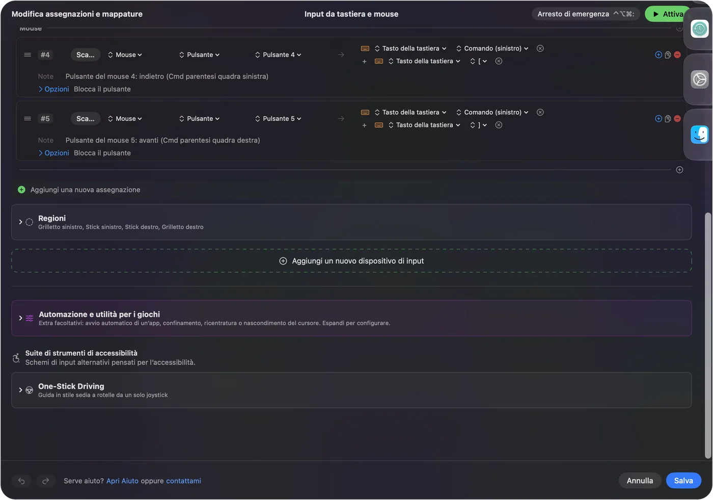 Una riga in InputConfig per un pulsante laterale del mouse che invia una scorciatoia di indietro.