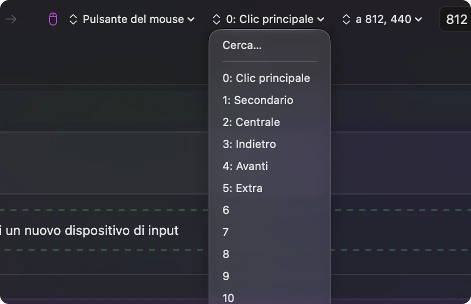Il menu degli output di una riga Mouse in InputConfig.
