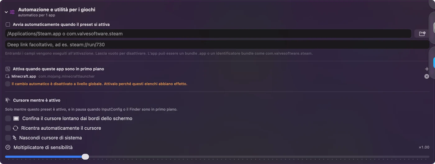 La sezione Automation and Gaming Utilities di una copia del preset Auto Clicker, con un'app elencata sotto Activate when these apps are in front.