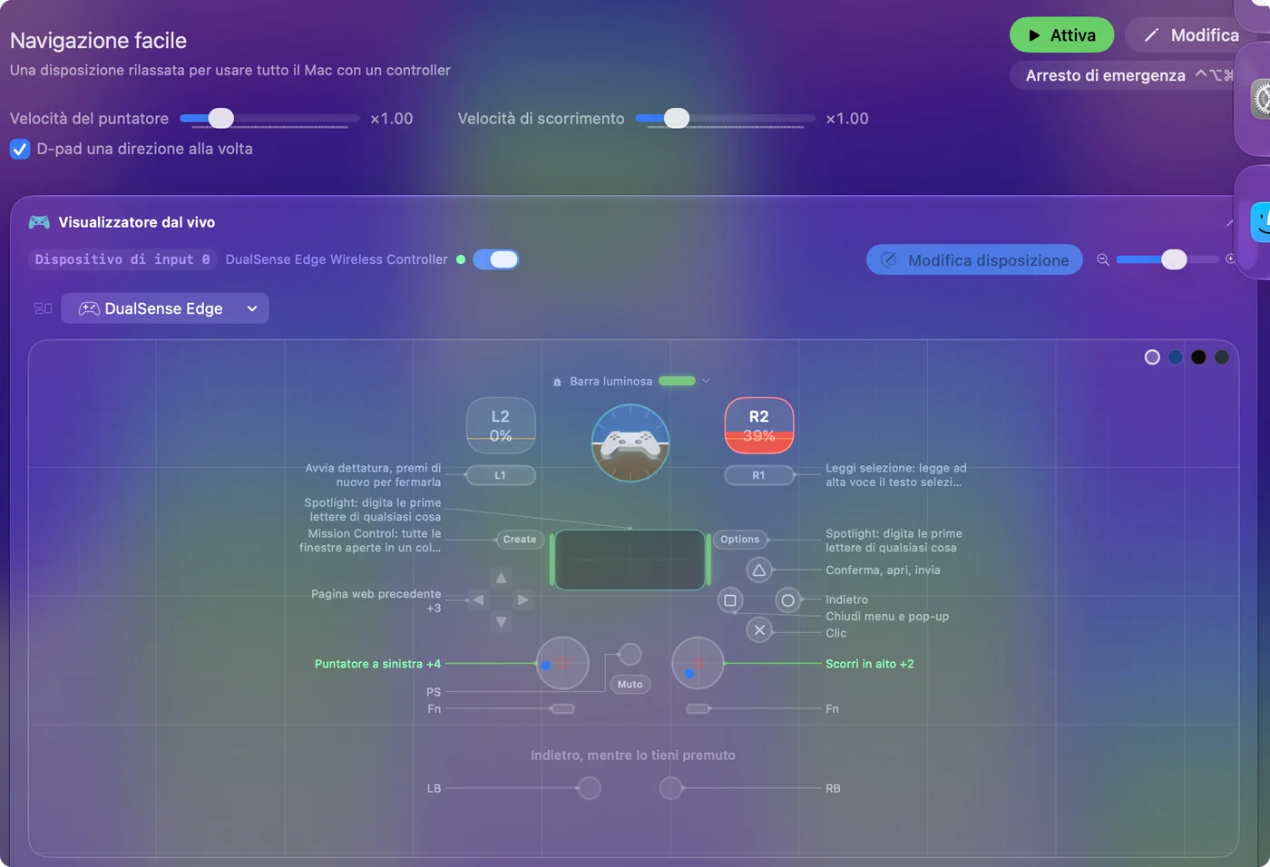Una pagina di preset in InputConfig con i cursori Pointer speed e Scroll speed sopra un Live Visualizer di un DualSense Edge.