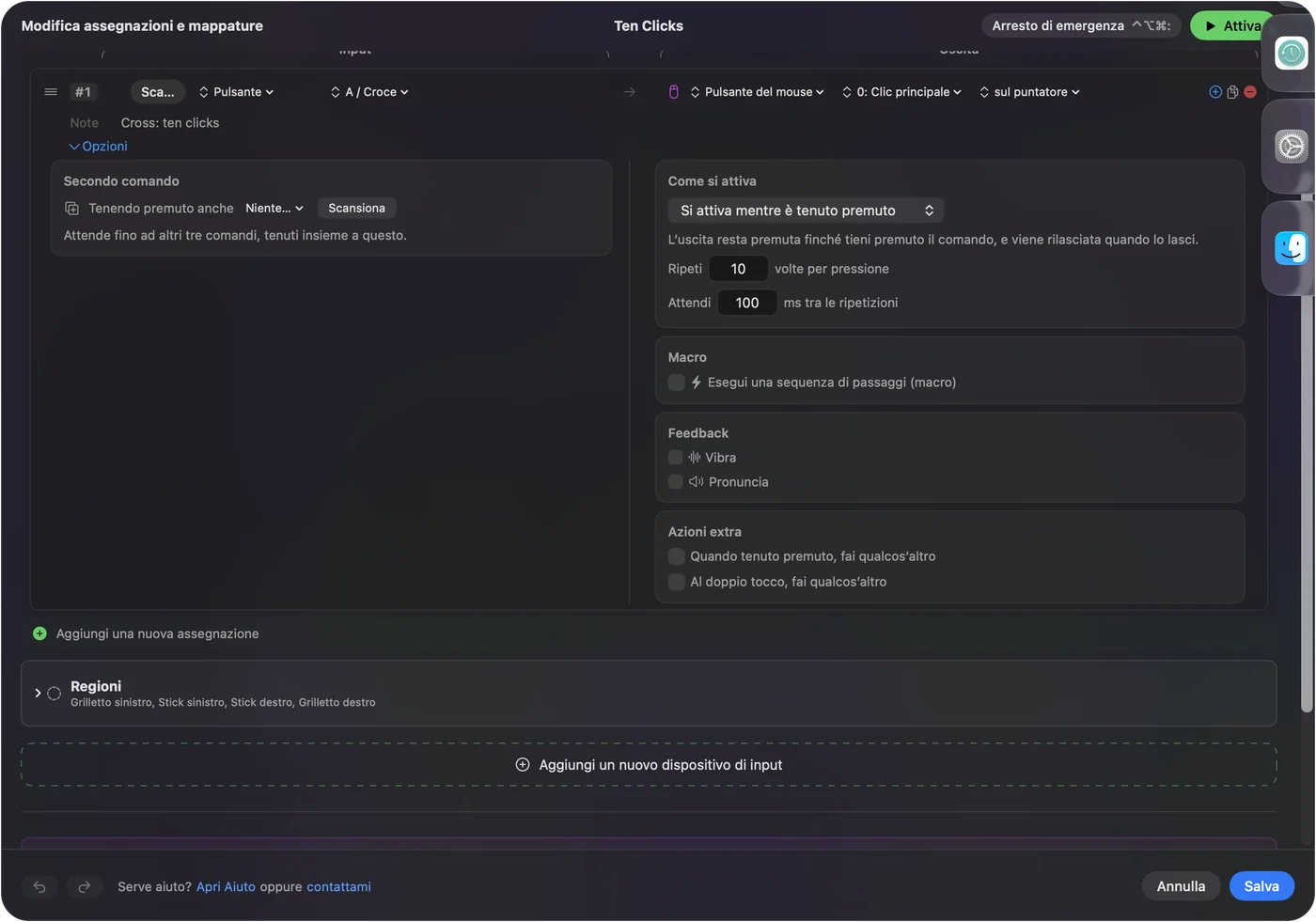 Le Opzioni di una riga di clic in InputConfig lasciata su Fires while held, con Repeat impostato a 10 volte per pressione e Wait a 100 ms tra le ripetizioni.