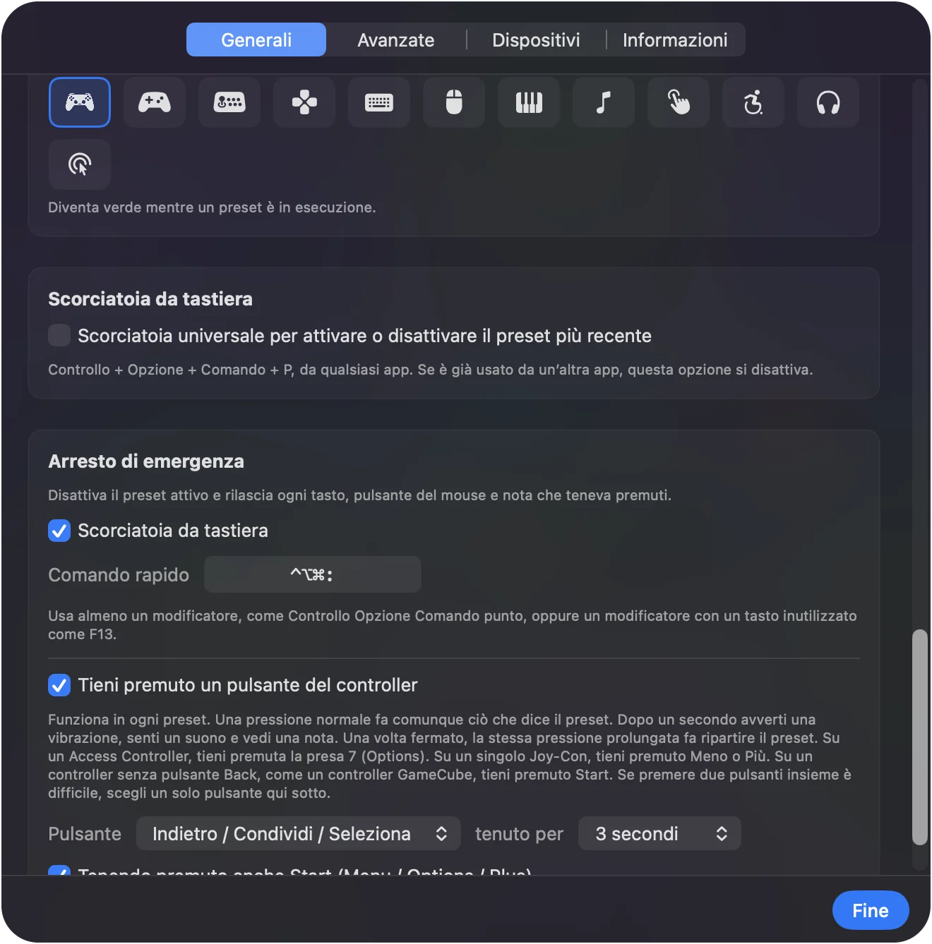 Impostazioni dell'arresto di emergenza con la scorciatoia da tastiera, il pulsante del controller impostato su LT / L2 e la durata della pressione.
