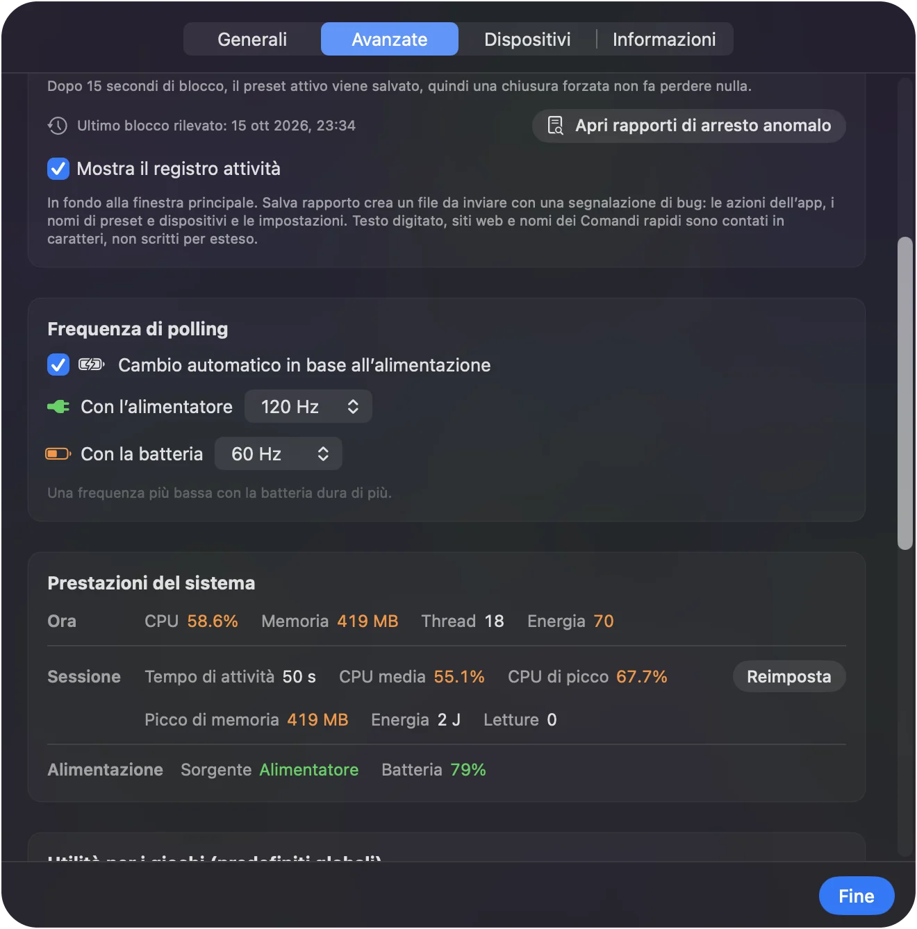 La scheda Settings, Advanced di InputConfig con il riquadro Polling rate: Auto-switch on power source spuntato, On power adapter a 120 Hz e On battery a 60 Hz, con i numeri di System performance sotto.