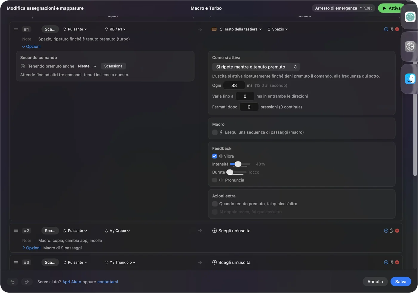La riga R1 del preset Macros and Turbo in InputConfig, che invia Space con How it fires impostato su Repeats while held, Every 83 ms mostrato come 12.0 al secondo, Vary by up to 0 e Stop after 0, con Vibrate spuntato.