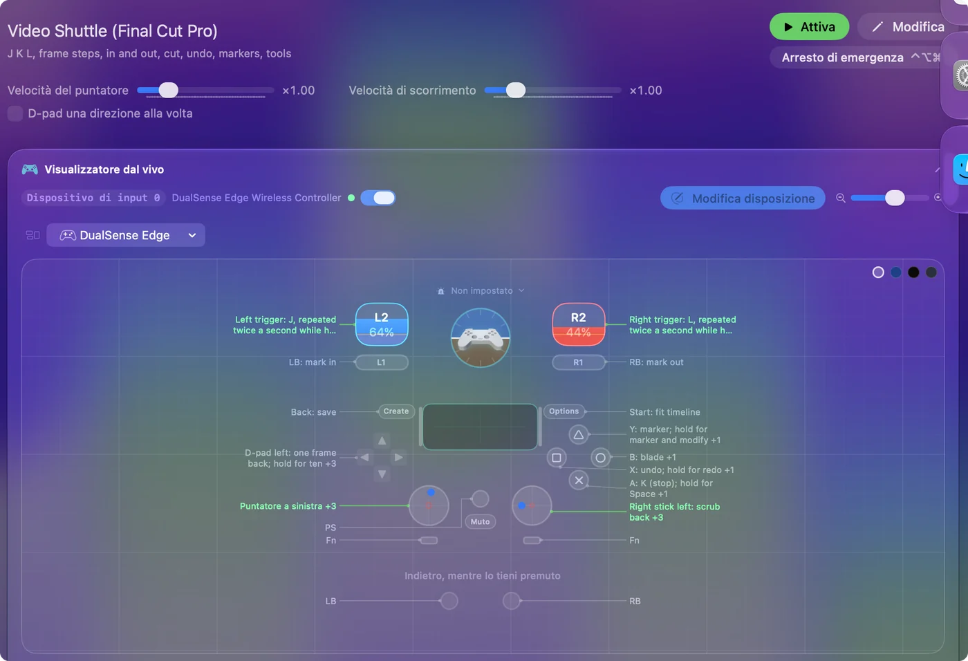 Il preset Video Shuttle di Final Cut Pro nel Live Visualizer, con J e L sui trigger, segna ingresso e uscita sui dorsali, taglio, annulla e marcatore sui pulsanti frontali.