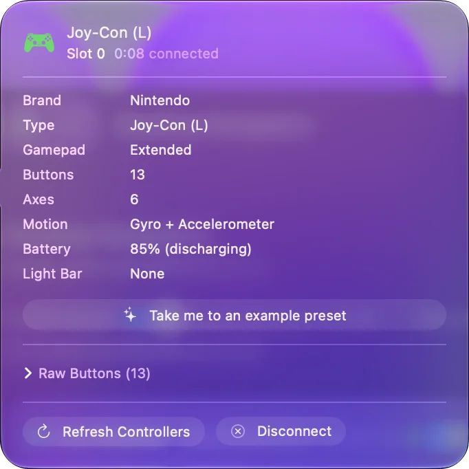 The popover for the Joy-Con (L) at the top of InputConfig's sidebar, listing its brand, type, buttons, axes and battery, with Refresh Controllers and Disconnect.
