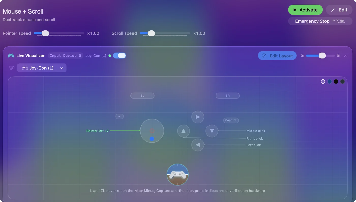The Mouse + Scroll preset drawn on a single left Joy-Con held sideways in InputConfig's Live Visualizer.