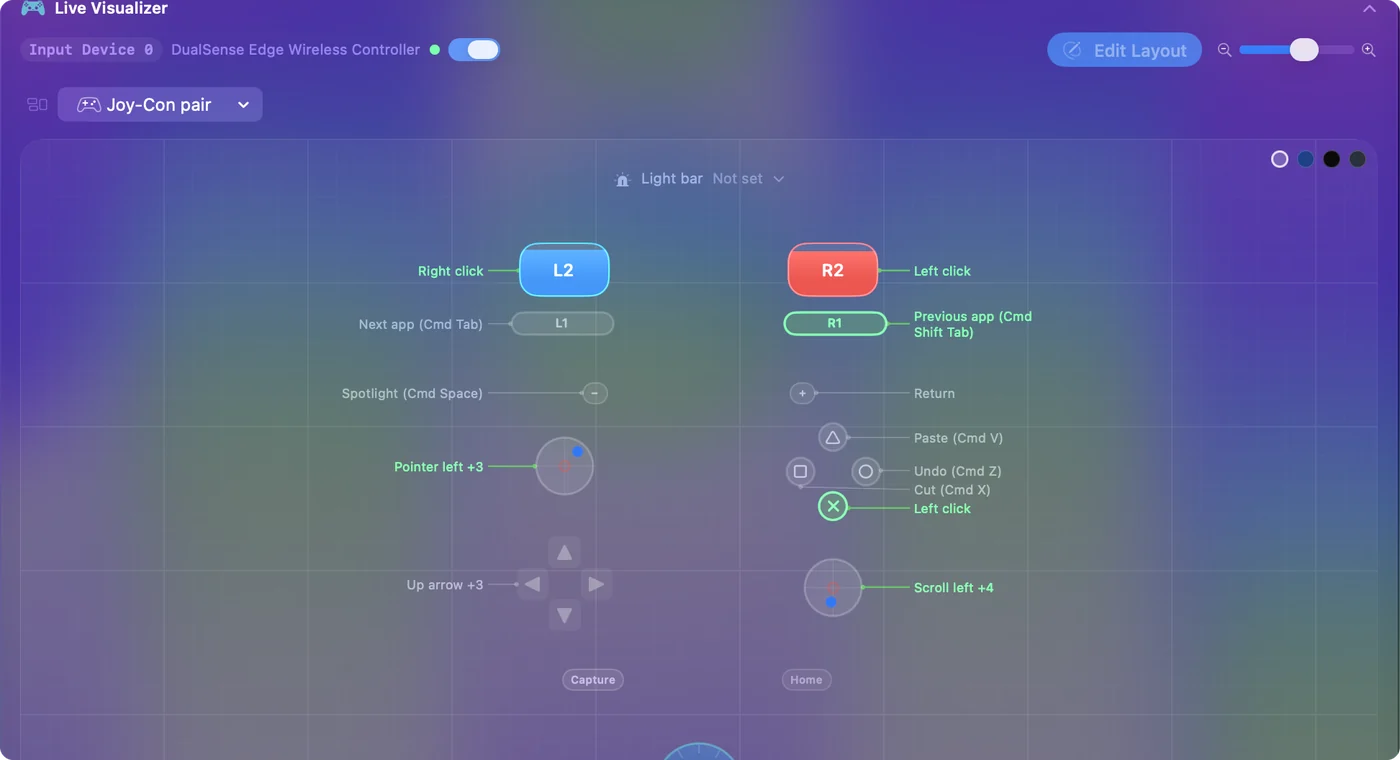 Live Visualizer v InputConfig kreslí dvojicu Joy-Con, s ľavou páčkou a tlačidlom A pravého Joy-Conu označenými ich akciami.