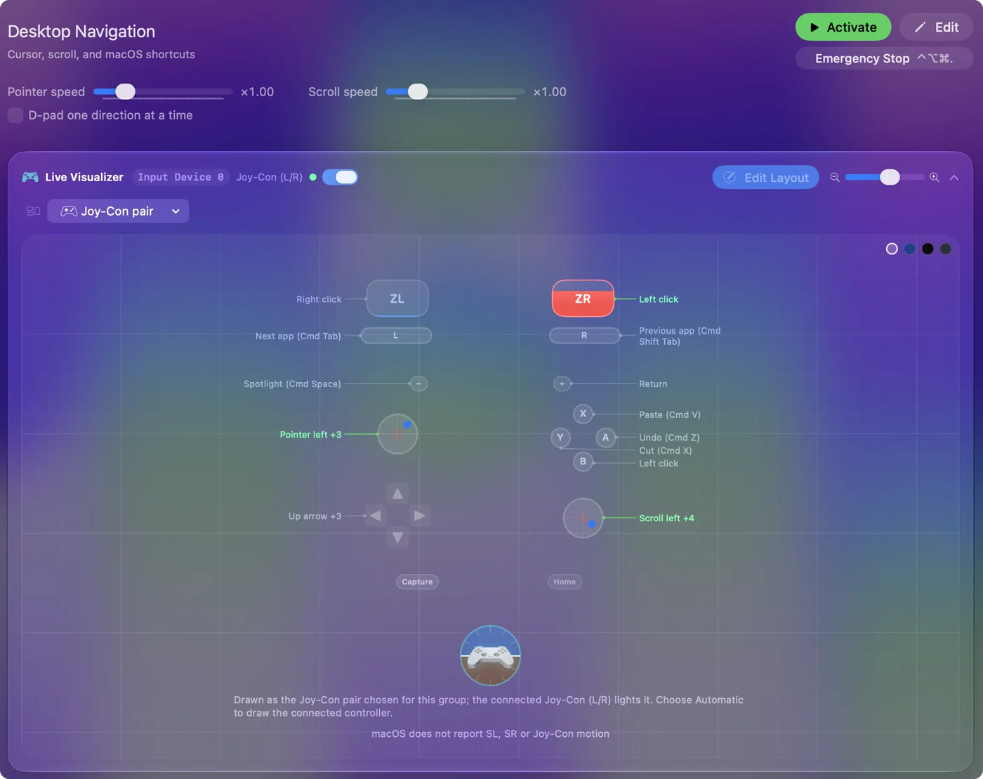 Desktop Navigation, auf einem Joy-Con-Paar im Live Visualizer von InputConfig gezeichnet.