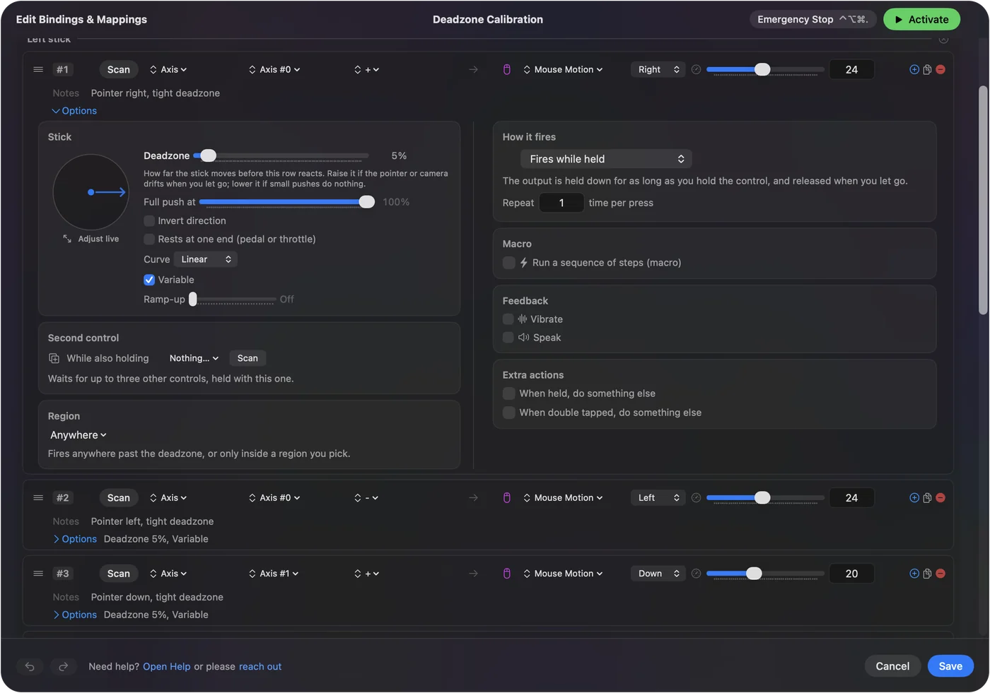 Řádek v editoru InputConfig s otevřenou položkou Options: řádek páčky s jezdcem Deadzone, tlačítkem Adjust live a křivkou odezvy.