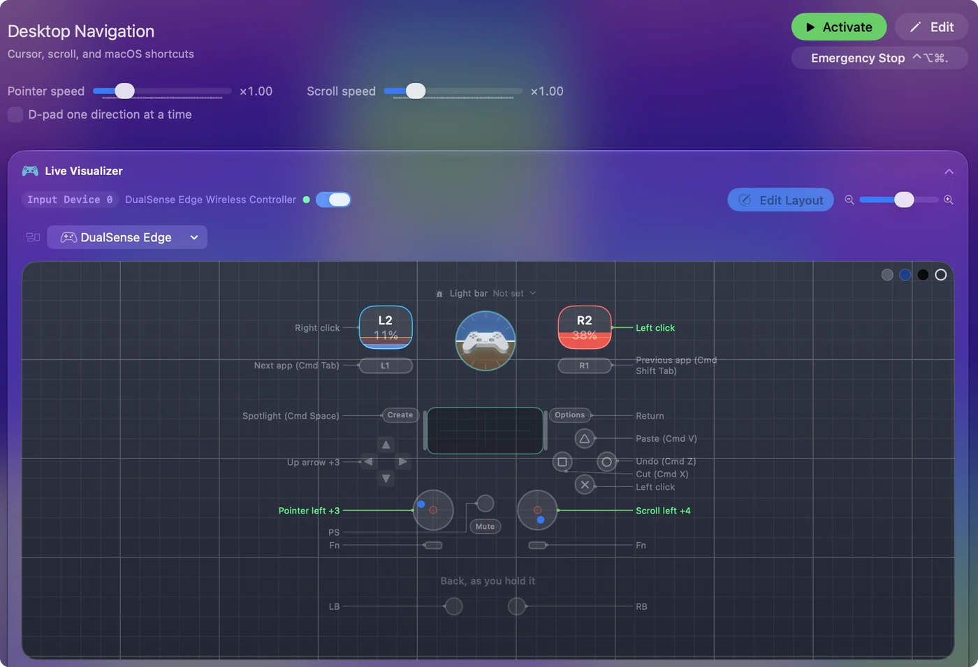 نافذة InputConfig الرئيسية مع تحديد الإعداد المسبق Desktop Navigation، وصفوفه تسرد عنصر تحكم في الذراع على اليسار والمفتاح أو النقرة التي يرسلها على اليمين.