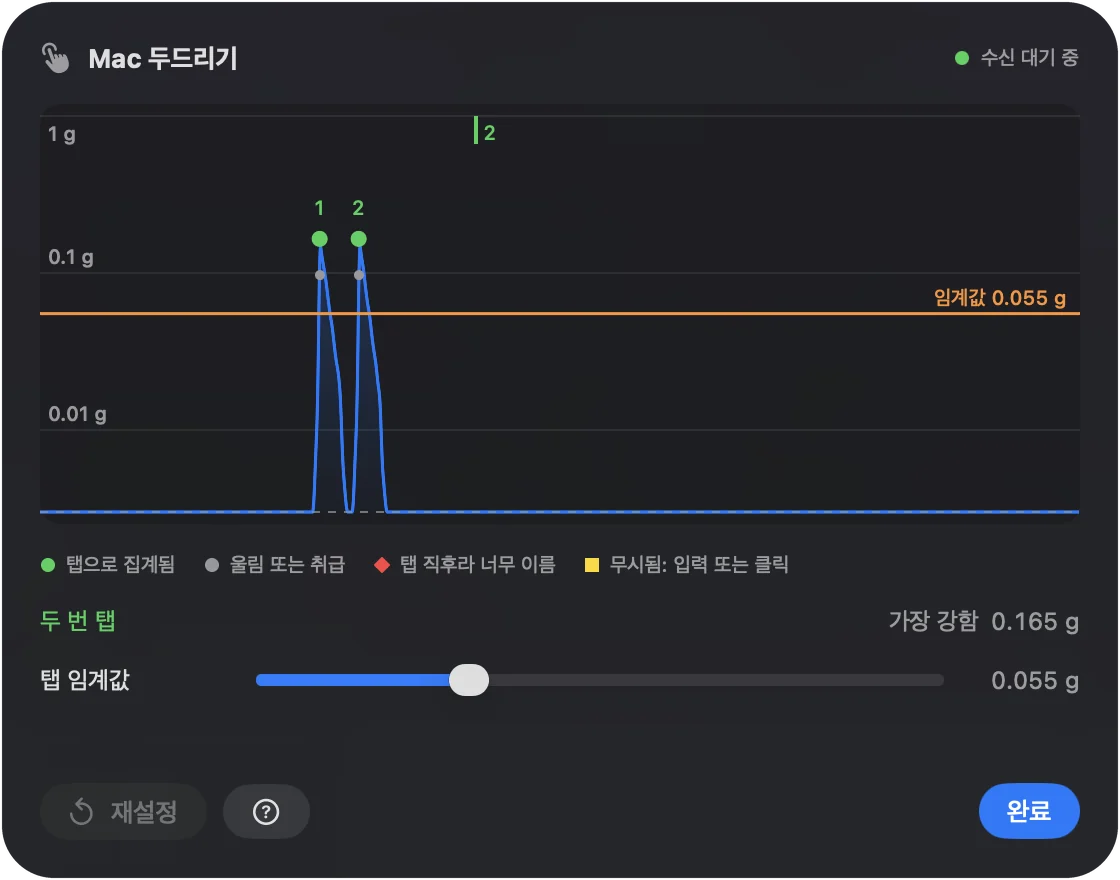 상태 칩이 듣는 중이라고 표시하고, 기준선이 있는 4초 궤적, 초록색 두드림 둘, 노트북을 들어 올린 회색 표시가 보이는 InputConfig의 Calibrate Taps 시트.