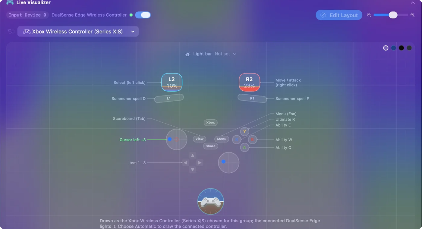 Le Live Visualizer d'InputConfig dessinant une manette Xbox avec la disposition League of Legends, Q, W, E et R sur les boutons de face et D et F sur les gâchettes supérieures.