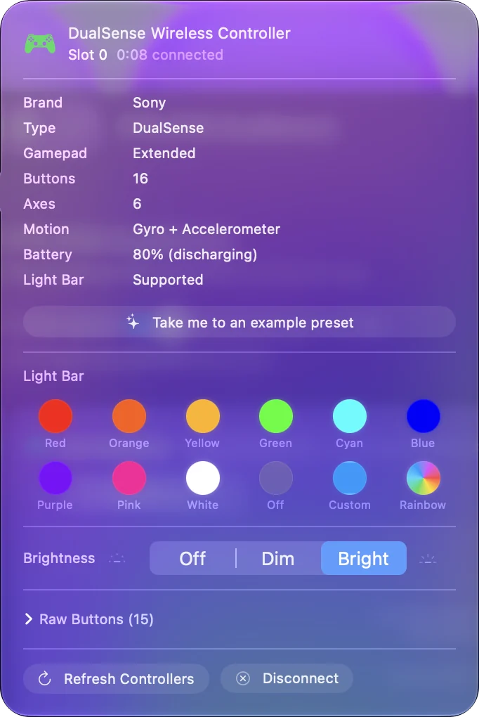 The InputConfig controller popover for a DualSense with the Light Bar swatches, Custom, Rainbow and Brightness.