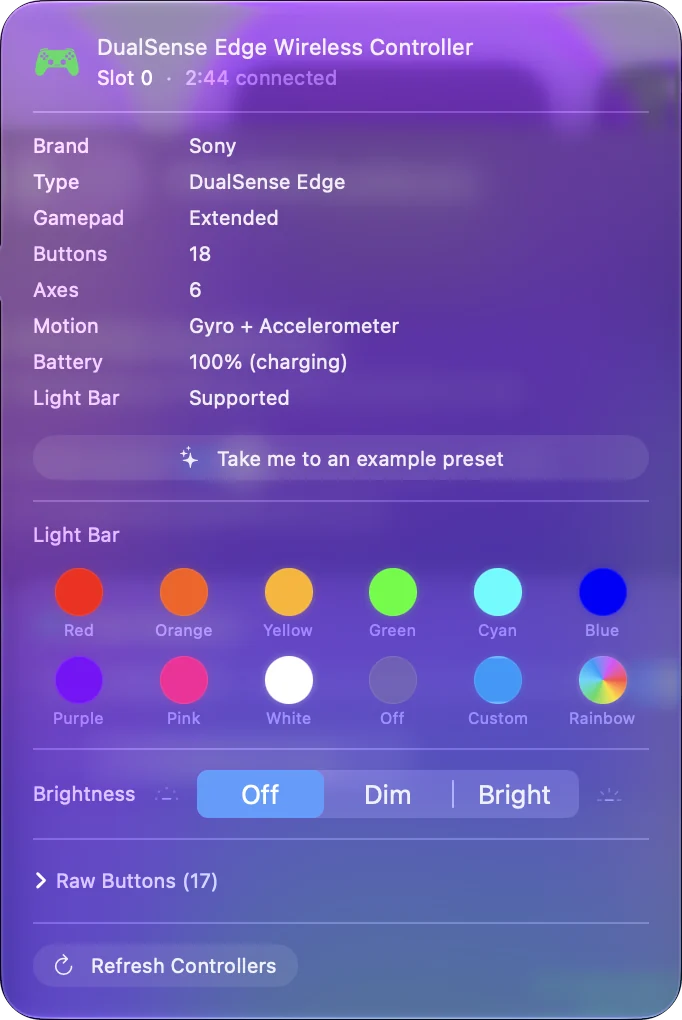 InputConfig's controller popover with Light Bar Brightness set to Off.