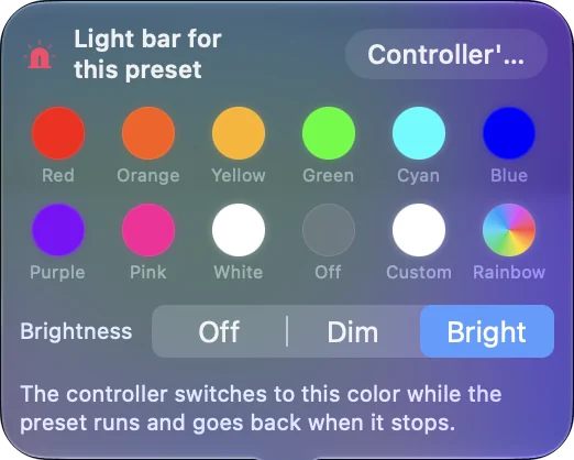 The Light bar for this preset popover opened from the strip above the controller drawing, with swatches, Brightness and a Controller's color button.