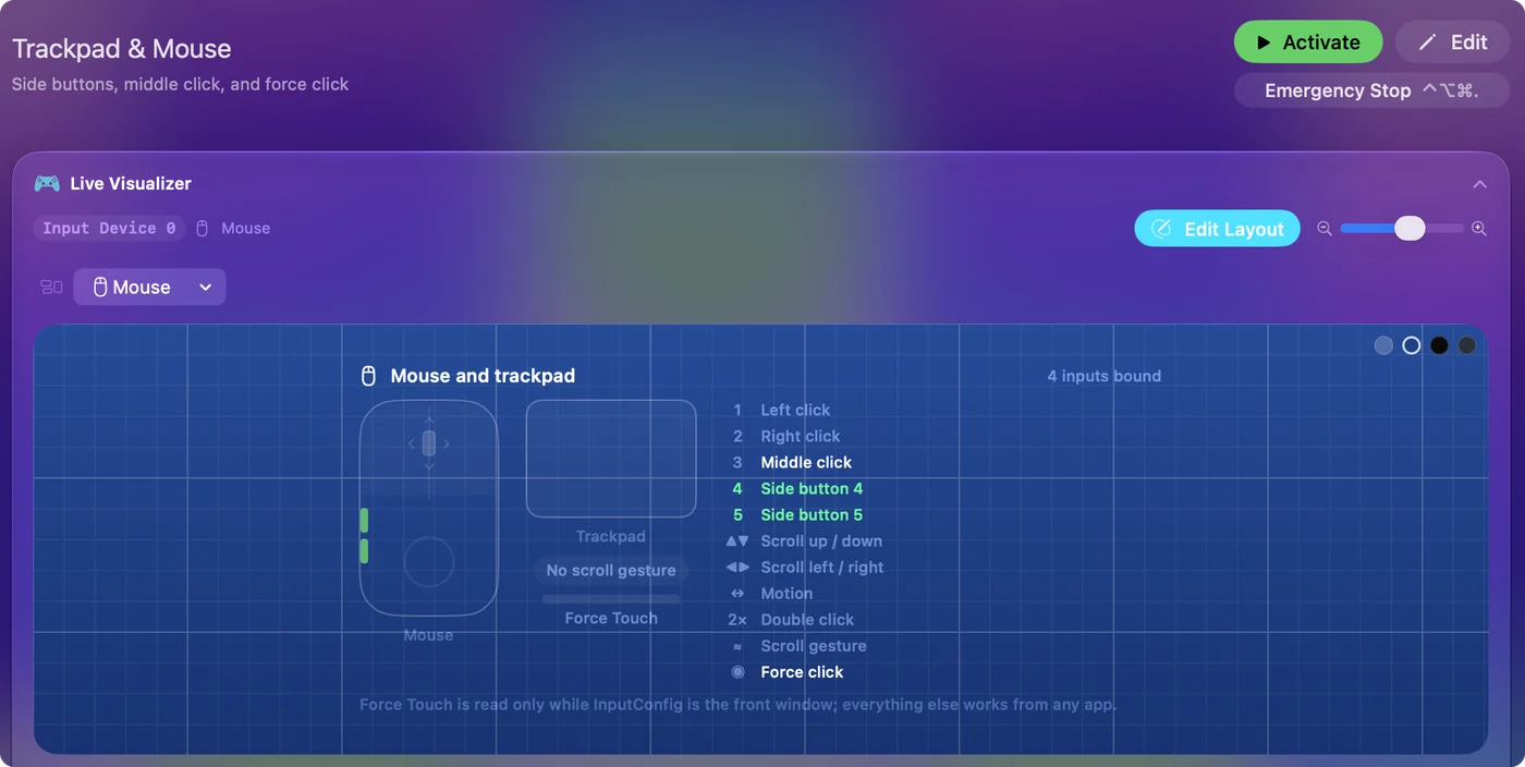 Mapa myši v Live Visualizer v InputConfig s osvícenými dvěma bočními tlačítky, která ukazuje, že Mac přijímá Button 4 a Button 5.