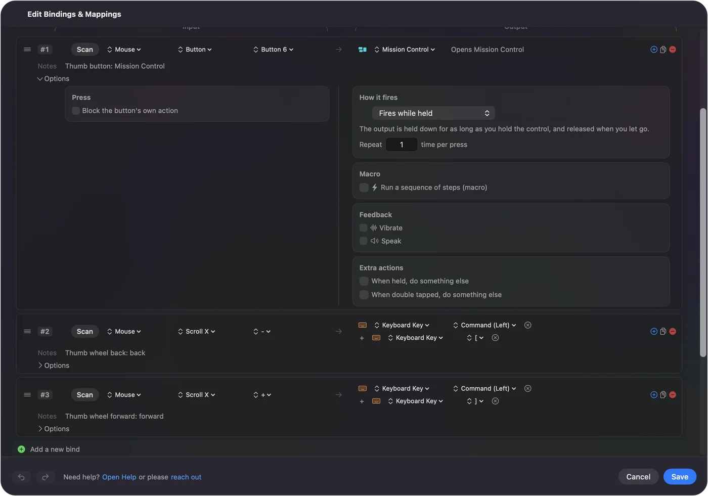 Řádek v editoru InputConfig s otevřenou položkou Options: tlačítko pro palec otevírá Mission Control a dva řádky posílají zpět a vpřed.