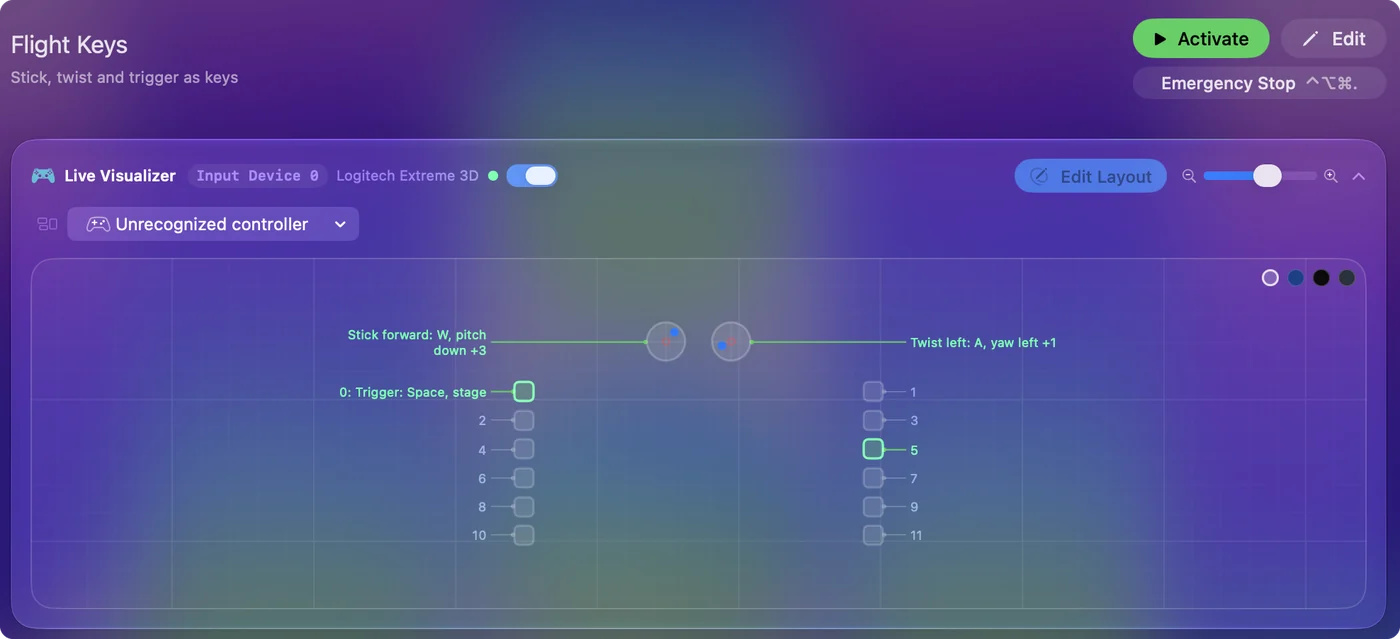 Le Live Visualizer d'InputConfig montrant un Extreme 3D Pro comme une carte simple de ses axes et de ses boutons numérotés, chacun étiqueté avec sa touche.