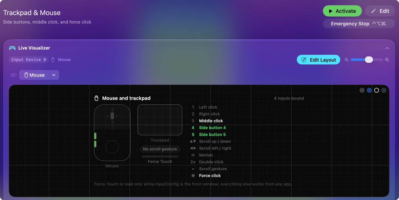خريطة الماوس في Live Visualizer داخل InputConfig مع إضاءة الزرين الجانبيين، وهي تبين أن الـ Mac يستقبل Button 4 وButton 5.