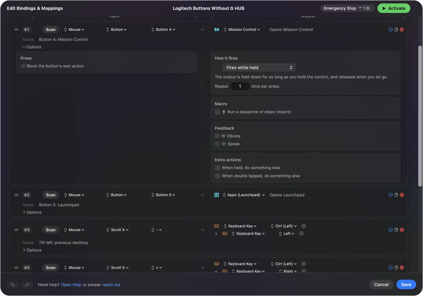 صف في محرر InputConfig مع فتح خياراته: صفوف أزرار الماوس تفتح Mission Control وLaunchpad، وصفوف عجلة الإمالة تنتقل بين أسطح المكتب.