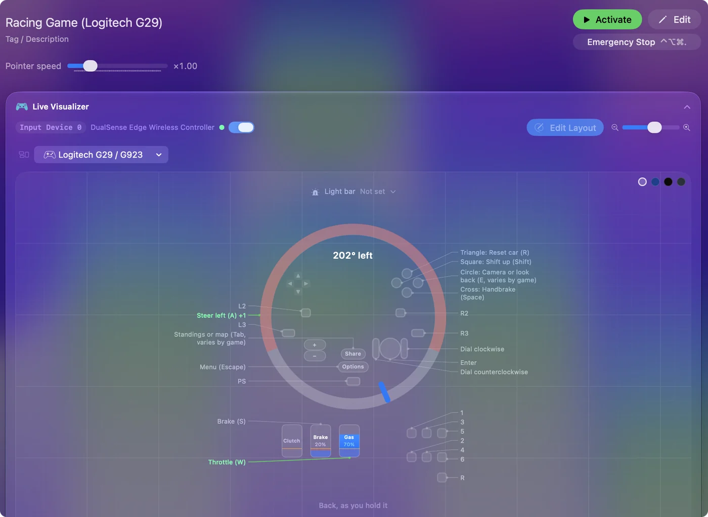 Der Live Visualizer von InputConfig zeichnet ein Logitech G29, nach links gedreht, mit Winkel in Grad und leicht gedrücktem Gaspedal.