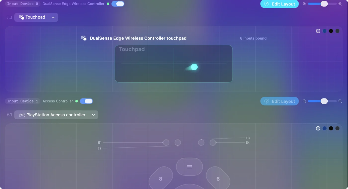 The Live Visualizer's PS5 touchpad with a finger and its trail, in the Touchpad Mouse preset.